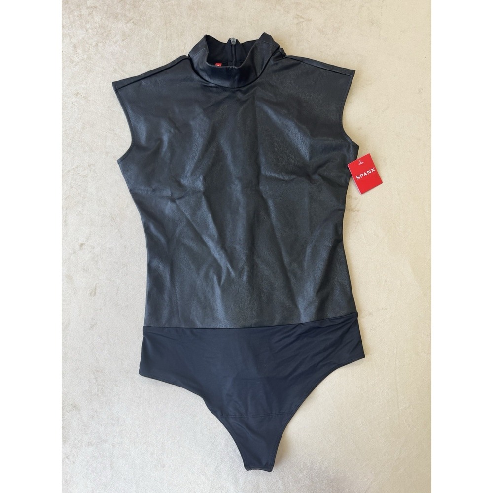 NWT Spanx Bodysuit Faux Leather Mock Neck Sleeveless Classic Black Small